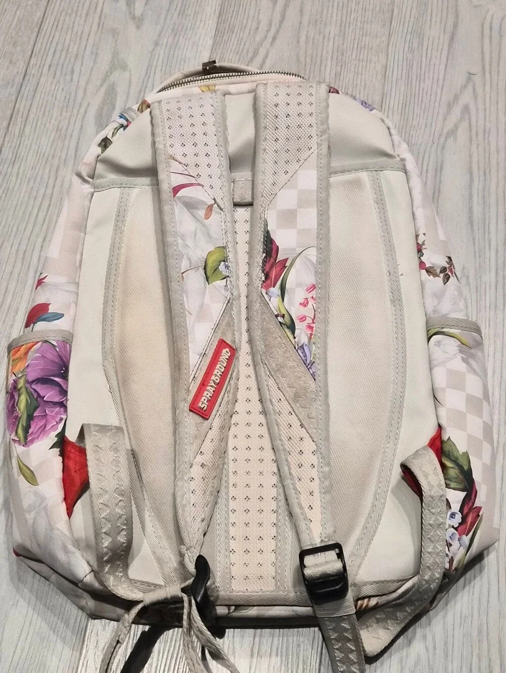 Sprayground Floral Shark-Graphic White Backpack with Red Accent